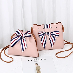 College Style Female Small Bucket Type Single Shoulder Women Cell Phone Bag Crossbody Bag With Silk Scarf Bow-Knot