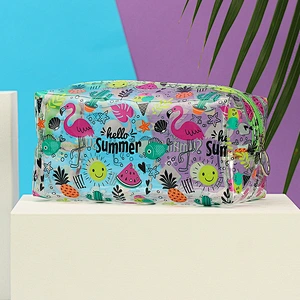 2020 Promotional Traveling Female Cartoon Printed Waterproof PVC Makeup Cosmetic Zip Bag
