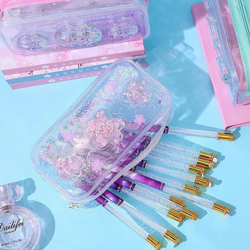 Fashion Floating Shiny Holographic Liquid Quicksand Glitter Makeup Cosmetic Bag Crystal Pencil Case