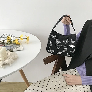 Spring Women Small Handbag Butterfly Print Canvas Tote Ladies' Fashion Underarm Bag Zipper Half Moon Bags Cloth Purse
