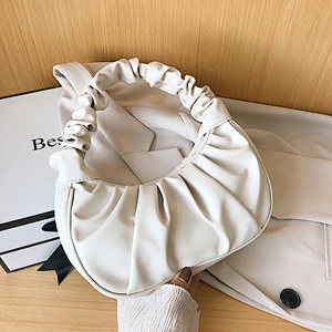 Soft High Quality Leather Pure Color Ruched Pattern Woman Shoulder Bag