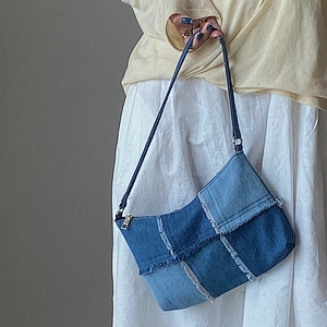 Denim Stitching Casual Underarm Bag Women 2021 New All-Match Color Contrast Concave Shape Portable Shoulder Bag
