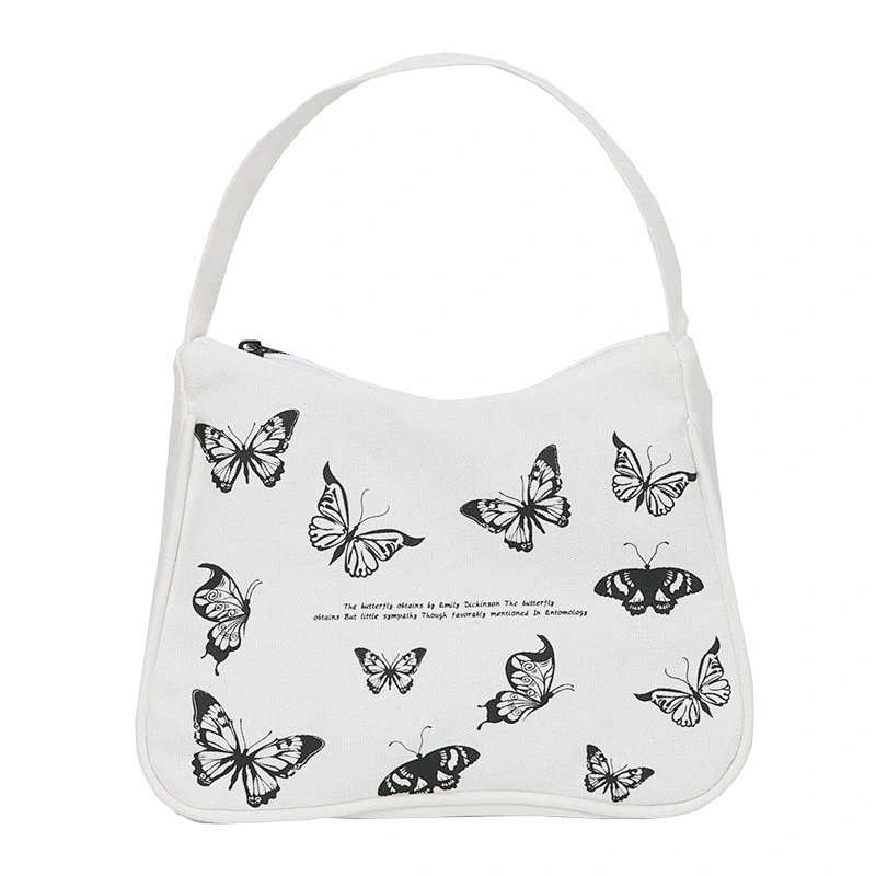 Spring Women Small Handbag Butterfly Print Canvas Tote Ladies' Fashion Underarm Bag Zipper Half Moon Bags Cloth Purse