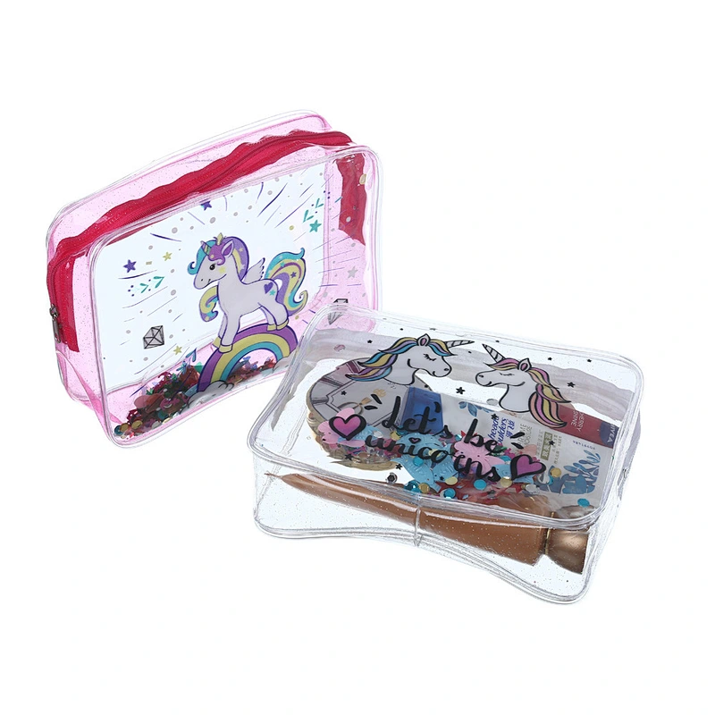Cute Waterproof Pvc Animal Unicorn Glitter Pencil Hand Bag New Transparent Cosmetic Make Up Bag