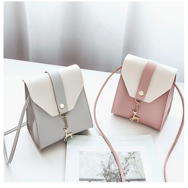 Wholesale Korean PU Leather Crossbody Bags Contrast Color Handbags For Girls With Deer Pendant