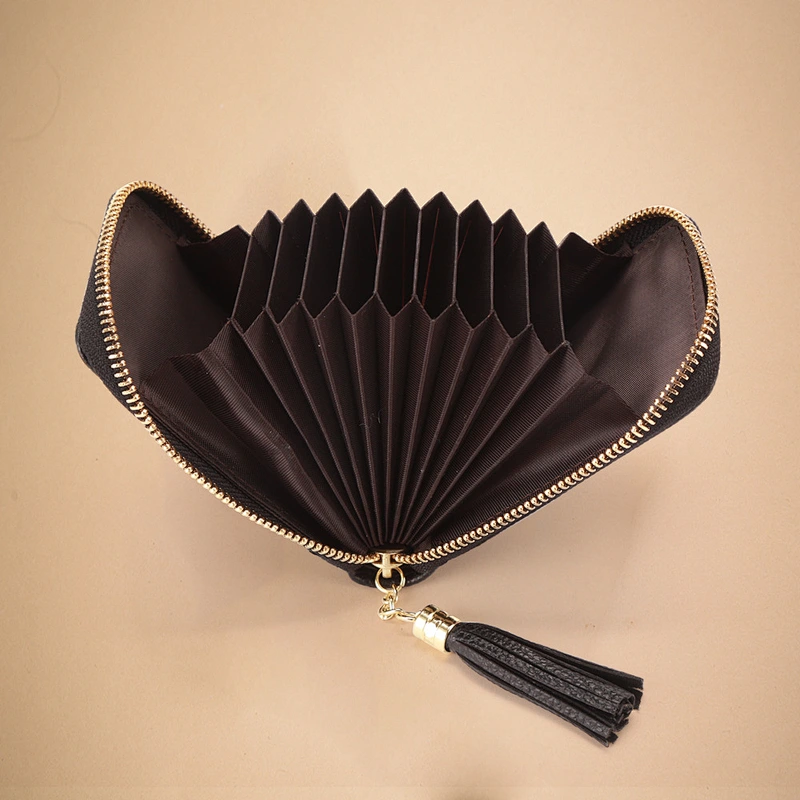 Grain Leather Card Holder Pocket Organ Card Case Zipper Wallets Coin Purse ID Window With Tassel
