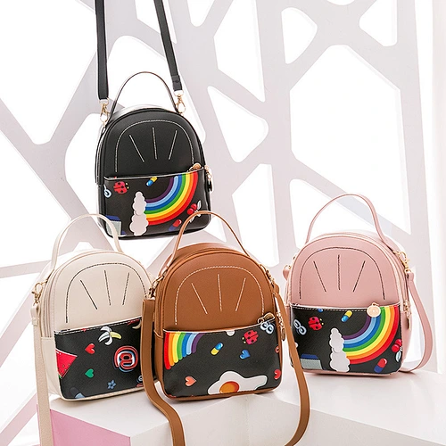 2020 New Korean Trend Simple Casual Soft Leather Mini Backpack Rainbow Printing Female Student School Bag