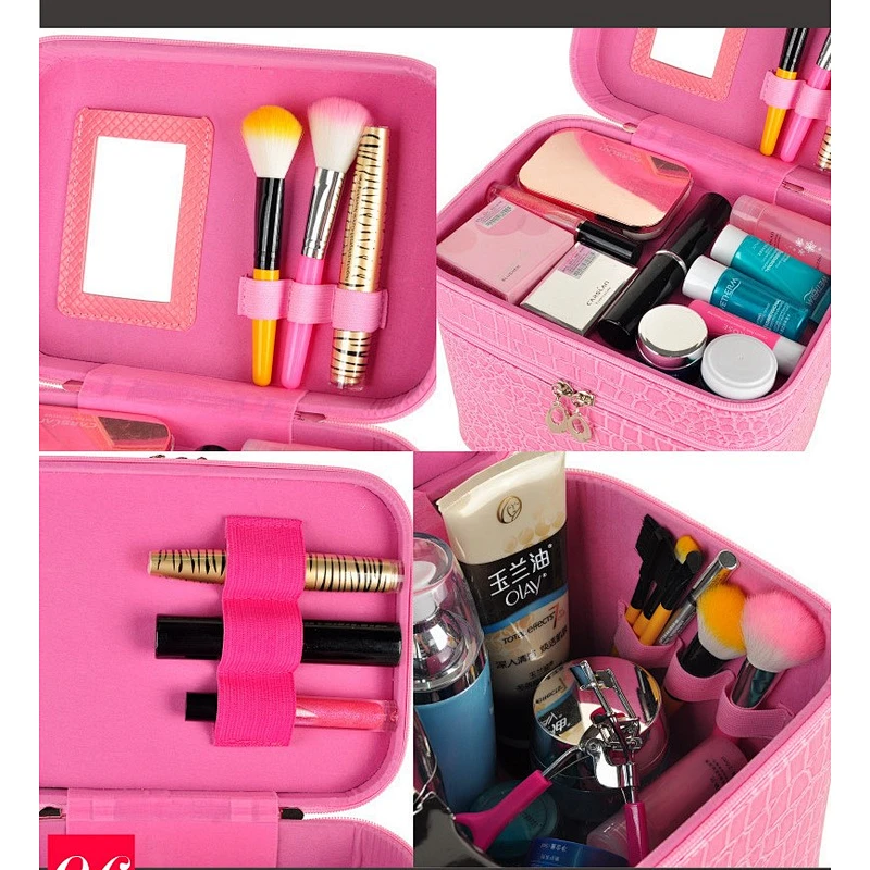 Large Capacity Double Layer Portable Travel Crocodile Pattern Beauty Makeup Cosmetic Case