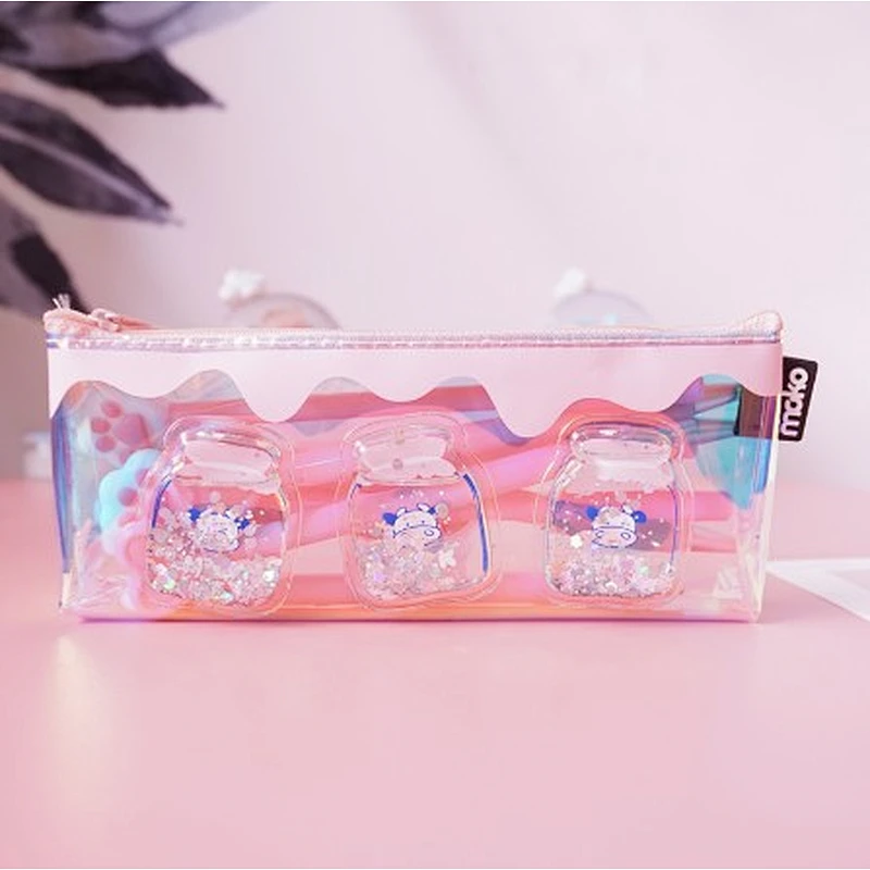 Korean Version Simple Beard Snap Button Pencil Bag PVC Student Stationery Bag Cosmetic Storage Pencil Bag