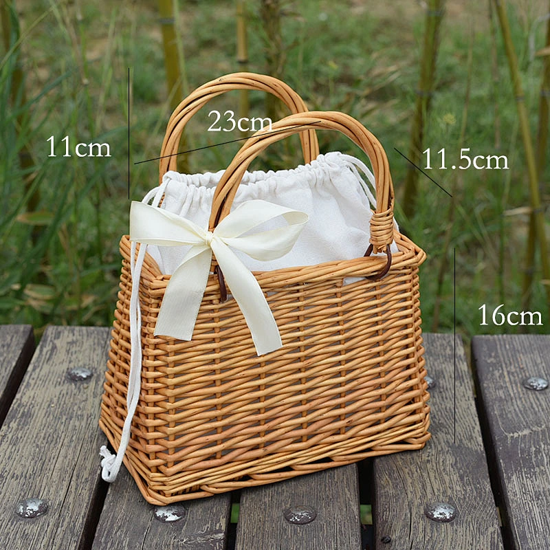 Rattan Flower Basket Handbag Korean Woven Vegetable Basket Cloth Lining Willow New Female Summer Bamboo Woven Bag