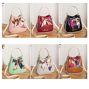 Bucket Bag Women 2021 New Silk Scarf Pure Color Handbag Fashion Girl All-Match PU Crossbody Bag