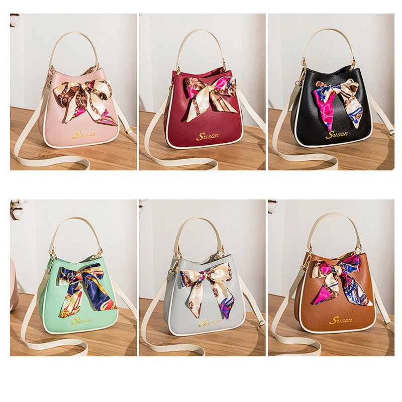 Bucket Bag Women 2021 New Silk Scarf Pure Color Handbag Fashion Girl All-Match PU Crossbody Bag