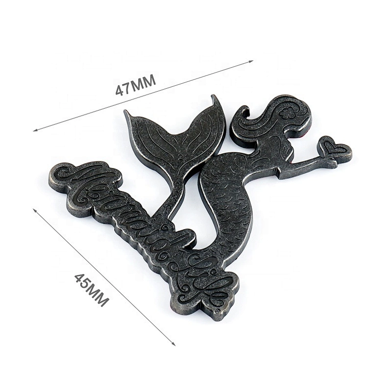 OEM ODM Custom Adhesive Metal Brand Label Tag for Bags, Design Mermaid Shape Metal Logo