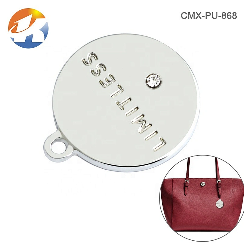 Handbag Hardware Hanging Round Engraved Metal Tag, Custom Metal Logo Label with Diamond for Bags