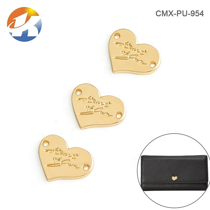 Custom Heart Shape with Engraved Logo Sewing Metal Clothes Label, Gold Metal Tags with Holes for Clothing