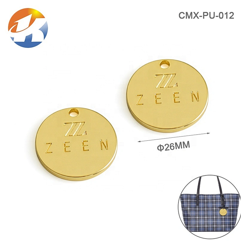 Fashion Handbag Accessories Round Shape Metal Tag with Hole, Engraved Logo Gold Metal Hanging Logo Tag for Bags