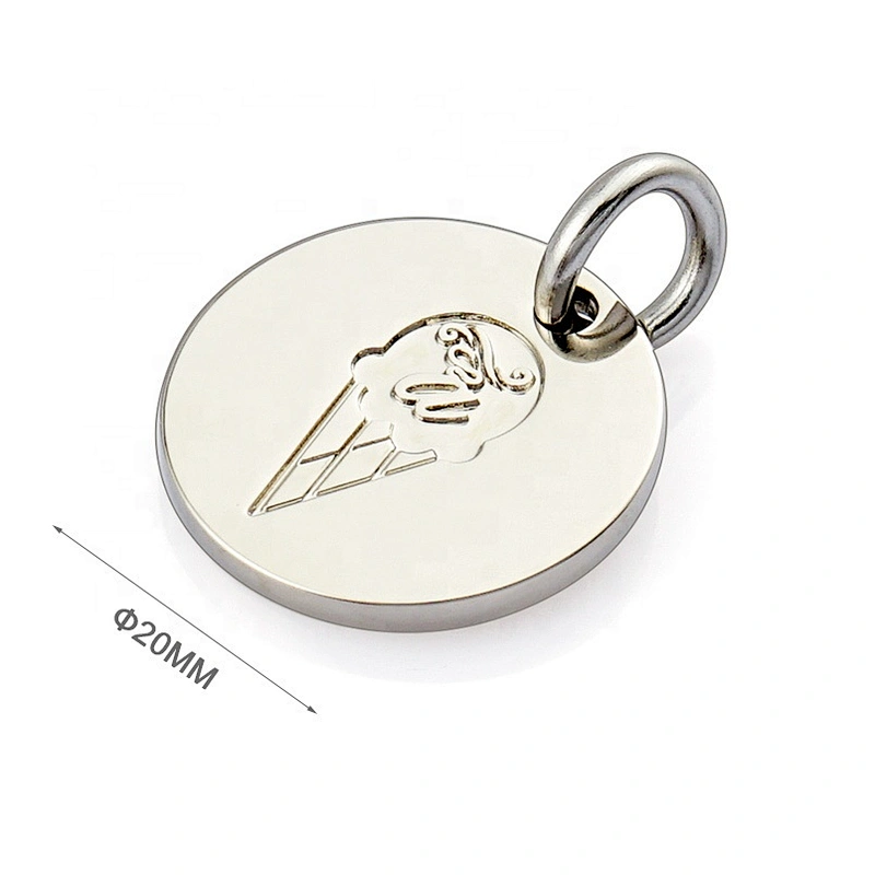 Round Shape Metal Hang Tag, Custom Engraved Logo Nickel Metal Logo Tag for Handbags
