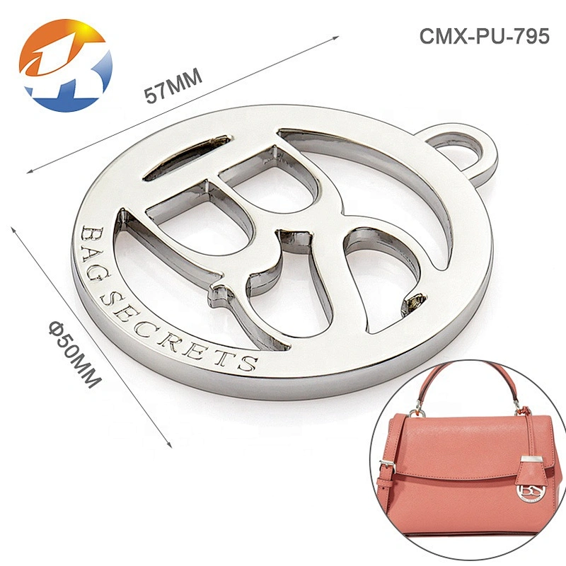 Handbag Hardware Circle With Ring Hanging Metal Name Tag, Gold Engraved Logo Metal Plate Label for Bags