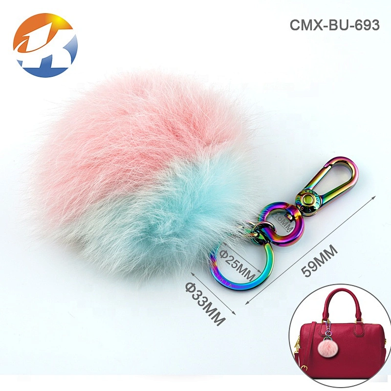 Rainbow Color Metal Snap Hook with Key Ring and Hairball, Fashion Metal Swivel Hook Snap For Bag