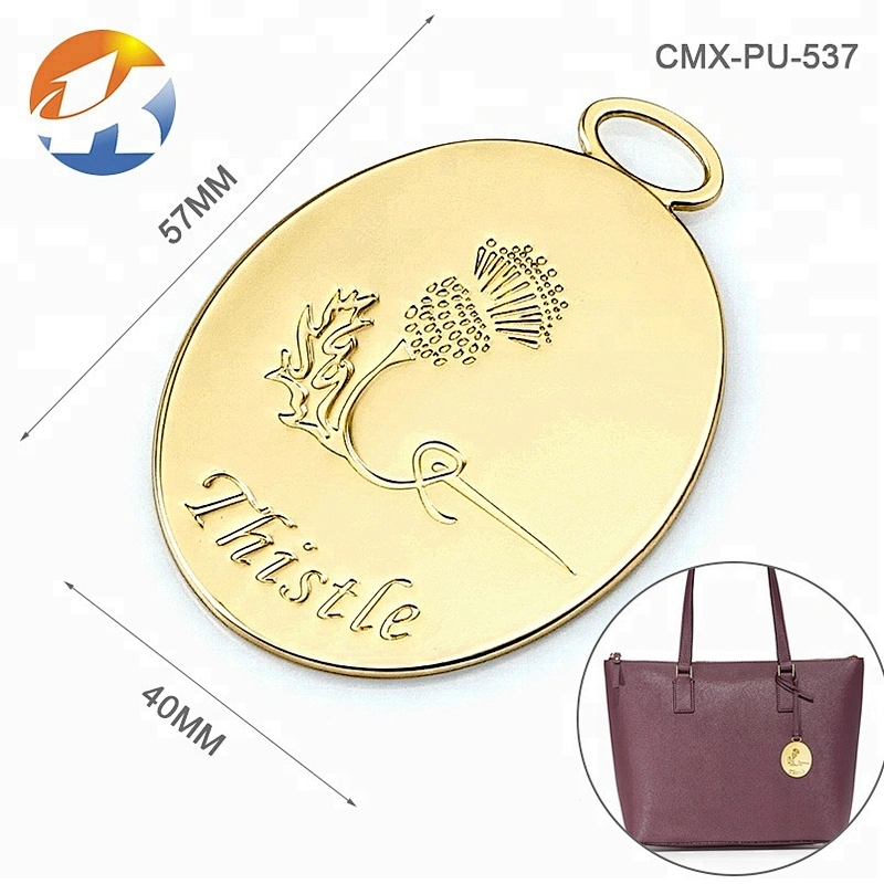 Design Round Shape with Ring Gold Metal Logo, Custom Hang Metal Name Tag for Handbags