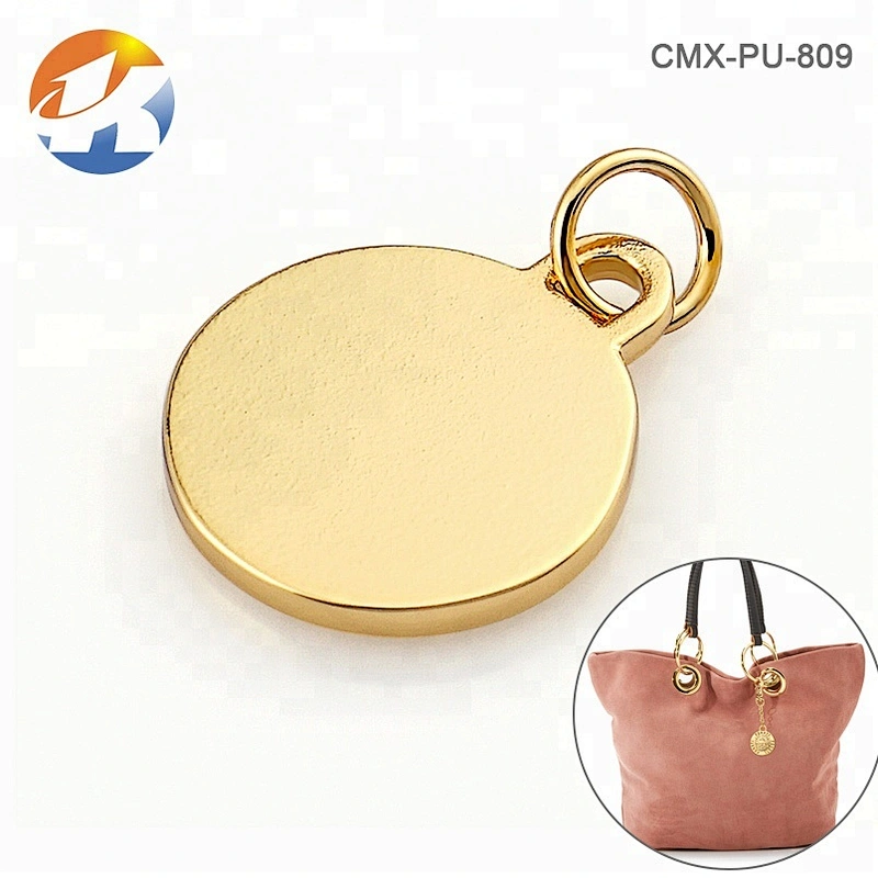 Design Round Shape with Ring Gold Metal Logo, Custom Hang Metal Name Tag for Handbags