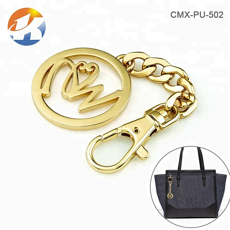 Hot Selling Style Gold Plated Metal Logo Tag, Custom Round Shape with Chain and Hook Metal Tag for Handbags