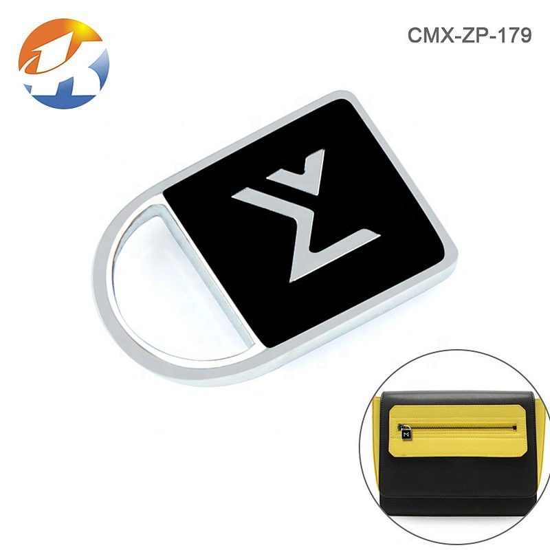 High Grade Custom Embossed Logo Metal Zipper Puller, Black Background Silver Metal Zip Puller for Bags