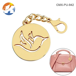 Professional Factory Custom Made Metal Accessories Gold Logo Tag for Bags, Design Round Shape with Bird Logo Hanging Metal Tag