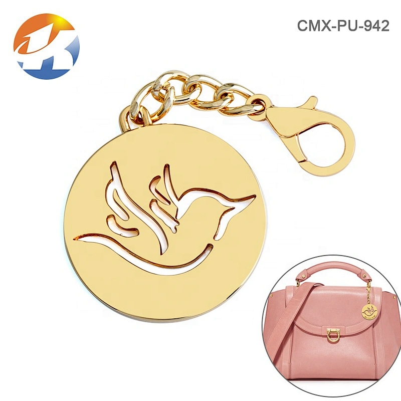 Professional Factory Custom Made Metal Accessories Gold Logo Tag for Bags, Design Round Shape with Bird Logo Hanging Metal Tag