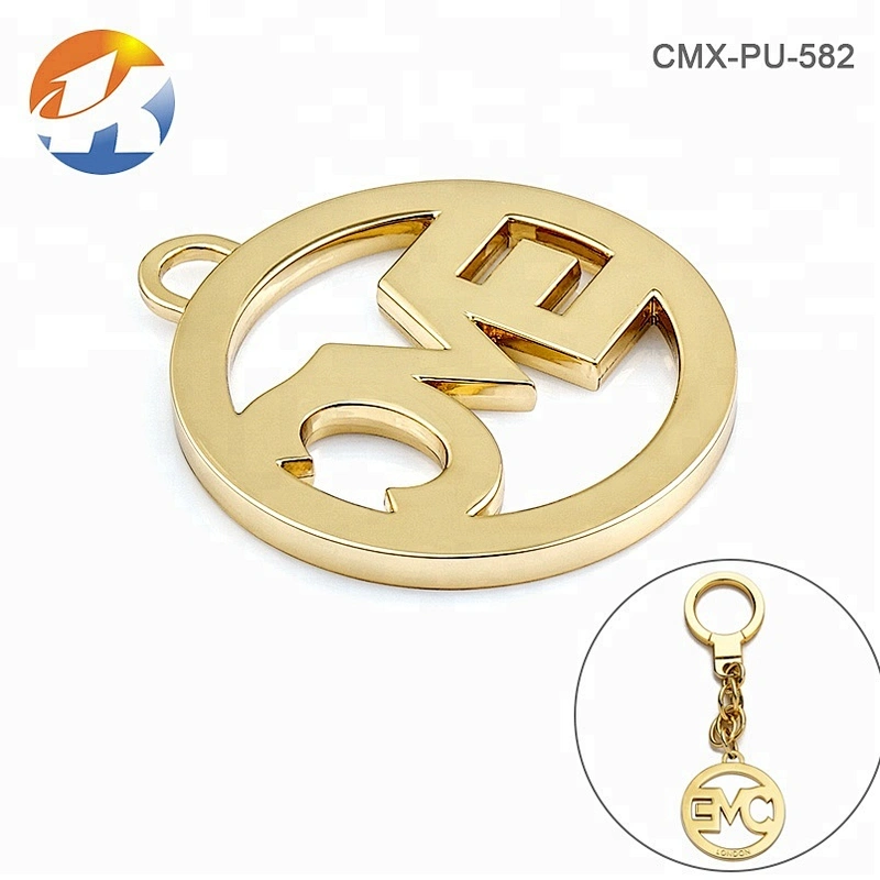 Custom Round Shape Metal Tag with Hollow and Engraved Logo, Design Gold Plated Metal Hanging Logo Tag for Handbags