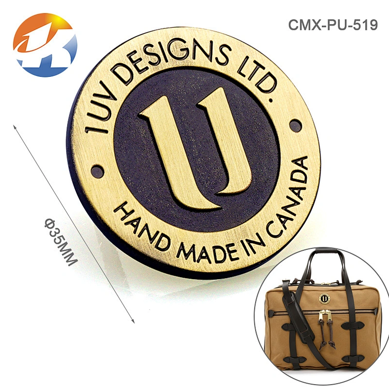Round With Embossed Logo Brush Bronze Handbag Metal Logo Designs