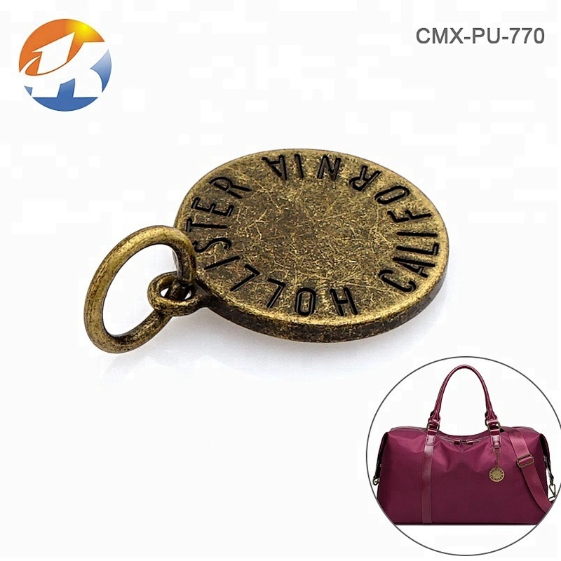 Round Metal Tag with Engraved Logo, Antique Brass Metal Hanging Name Tag Logo with Ring for Bag^