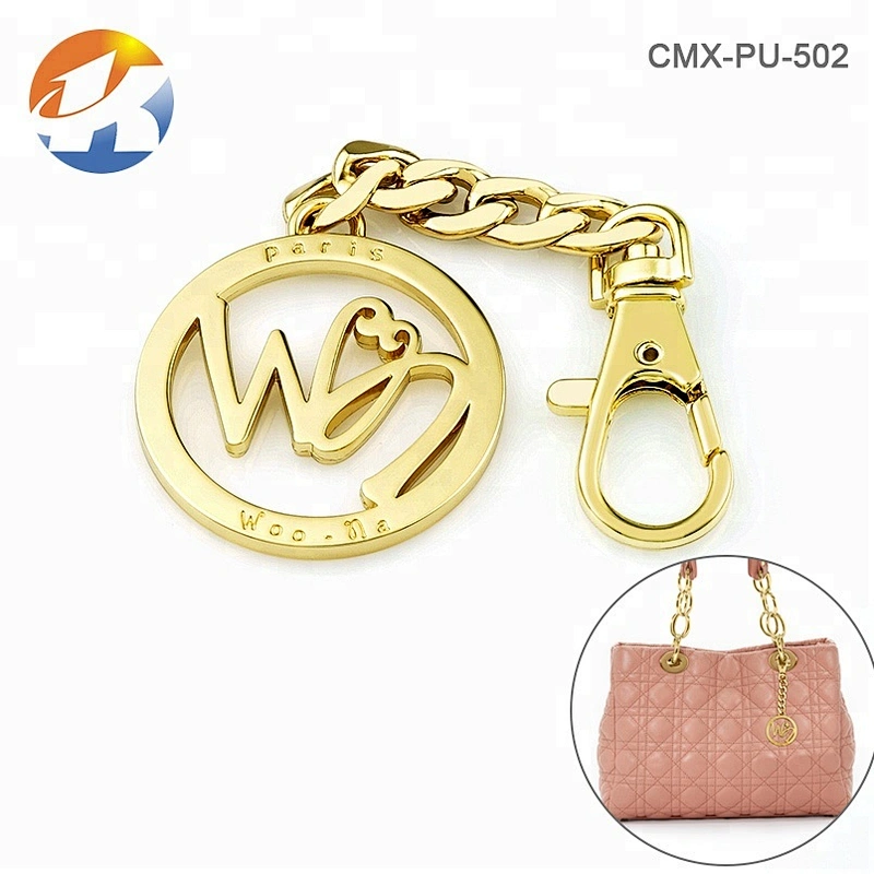 Hot Selling Style Gold Plated Metal Logo Tag, Custom Round Shape with Chain and Hook Metal Tag for Handbags