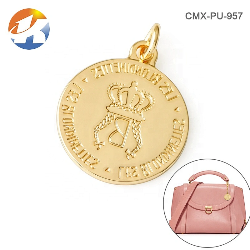 Fashion Handbag Hardware Custom Gold Metal Bag Logo, Round Shape with Ring Metal Hang Name Tag for Bag