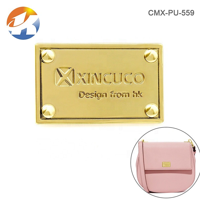 Rectangle Shape with 4 Decorative Rivets Metal Label, Manufacturer Custom Gold Metal Logo Plate for Handbags*