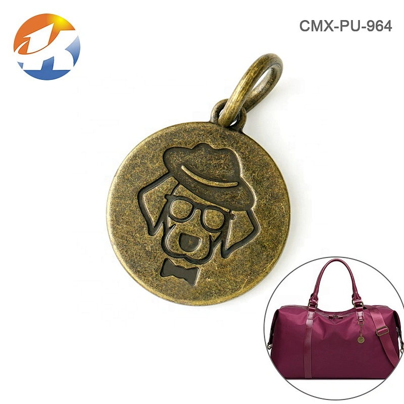 Professional Custom Brand Metal Hanging Logo Tag with Ring, Bag Accessories Round Engraved Metal Label