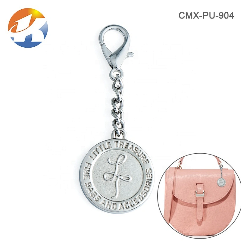 China Manufacture Custom Metal Brand Tag with Clasp for Handbags, Bag Hardware Round Metal Hanging Logo Tag
