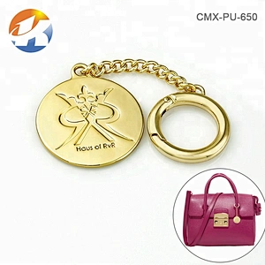 Gold Engraved Round Tag With Hook And Chain Hang Metal Handbag Logo