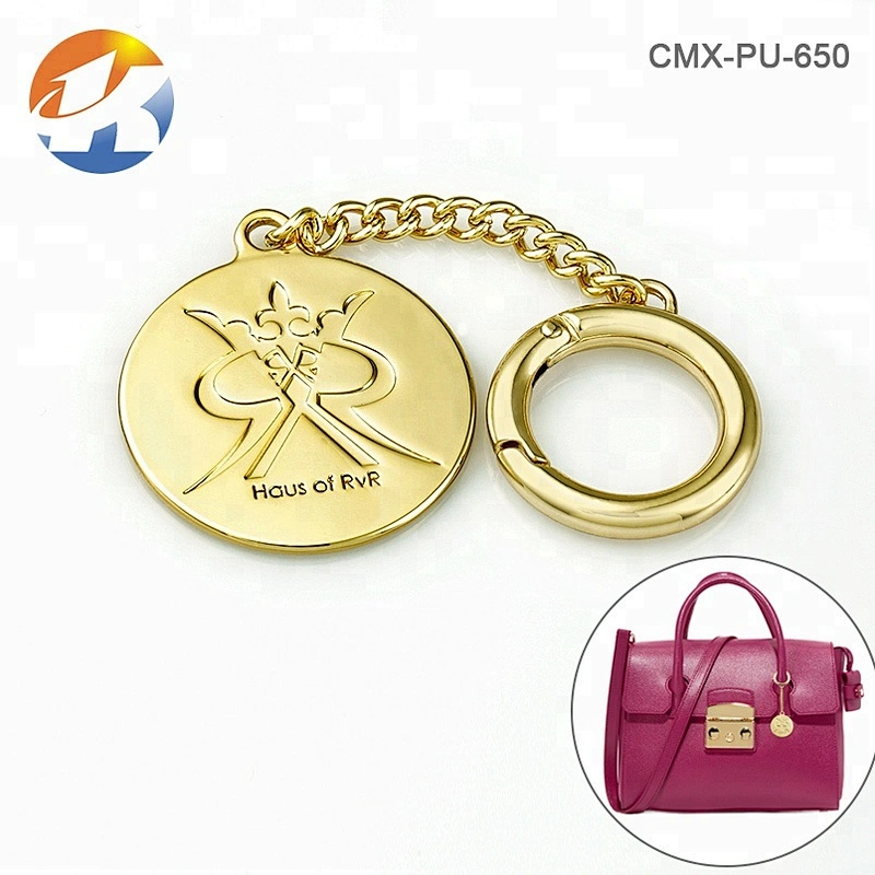 Gold Engraved Round Tag With Hook And Chain Hang Metal Handbag Logo
