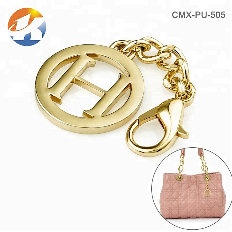 Bag Hardware Design Small Round Metal Tags Logo, Hanging Metal Logo Tag Custom for Handbag Gold Plated with Clasp and Chain