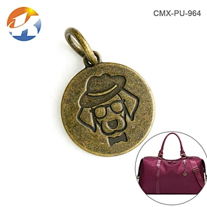 Professional Custom Brand Metal Hanging Logo Tag with Ring, Bag Accessories Round Engraved Metal Label