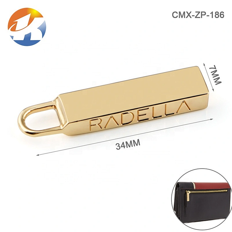 Handbag Hardware Custom Made Metal Zipper Puller, Gold Engraved Logo Metal Zipper Puller for Bag