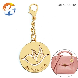 Professional Factory Custom Made Metal Accessories Gold Logo Tag for Bags, Design Round Shape with Bird Logo Hanging Metal Tag