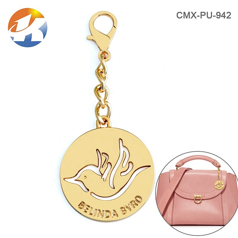 Professional Factory Custom Made Metal Accessories Gold Logo Tag for Bags, Design Round Shape with Bird Logo Hanging Metal Tag