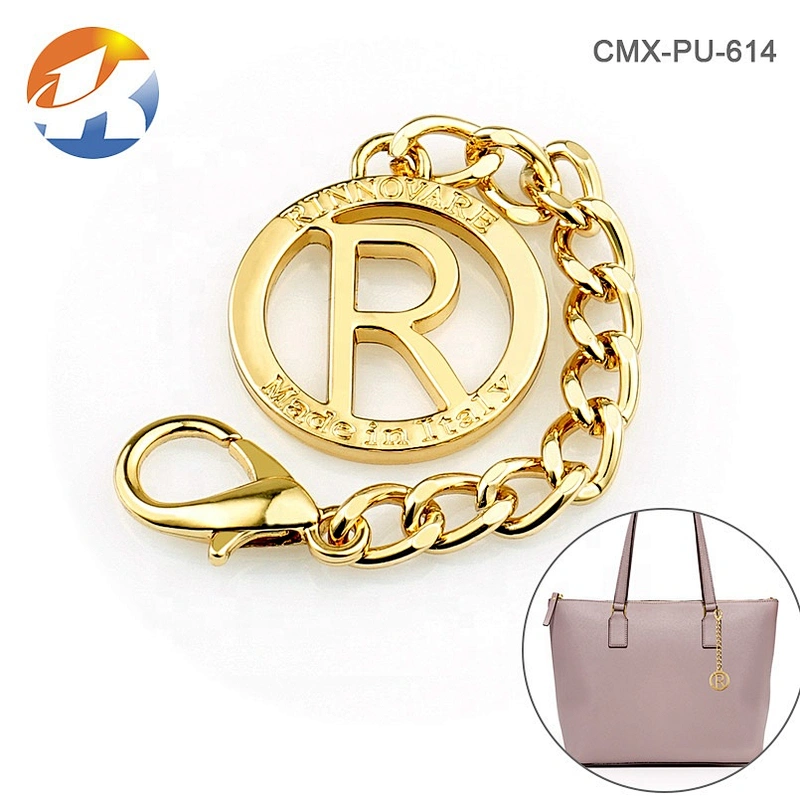 Round Metal Tag with Clip for Handbag, Bag Hardware Custom Gold Metal Logo Tag with Hollow Logo