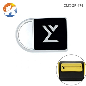 High Grade Custom Embossed Logo Metal Zipper Puller, Black Background Silver Metal Zip Puller for Bags