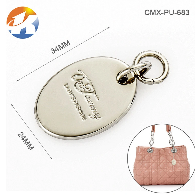 Custom Handbag Accessories Oval Shape With Ring Metal Tag Logo