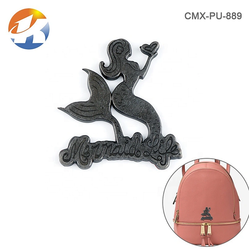 OEM ODM Custom Adhesive Metal Brand Label Tag for Bags, Design Mermaid Shape Metal Logo