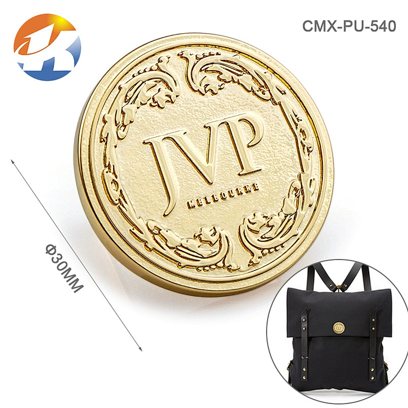 Round With Embossed Logo Brush Bronze Handbag Metal Logo Designs