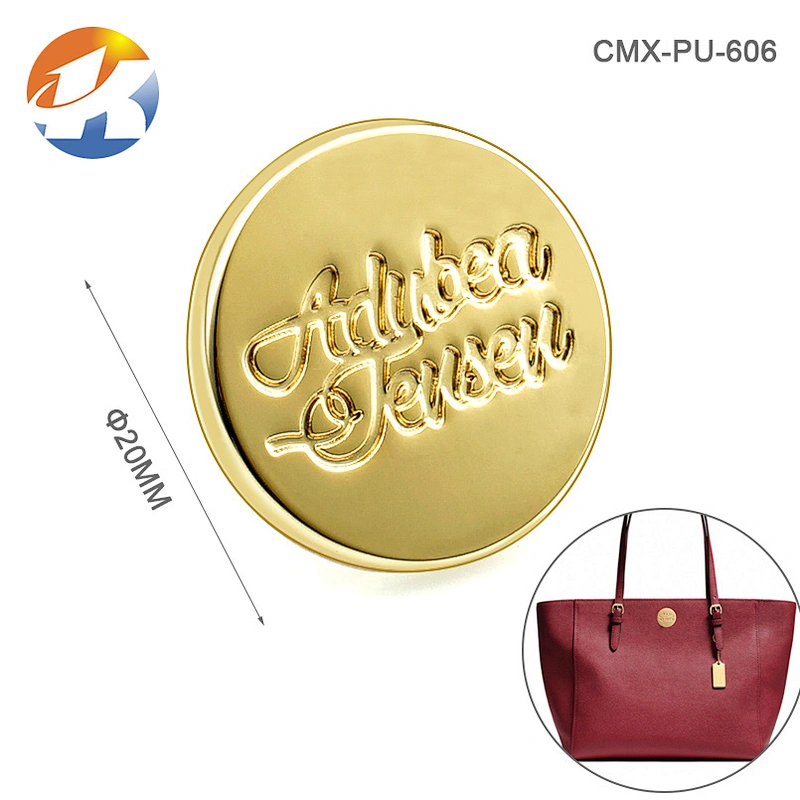 Round With Embossed Logo Brush Bronze Handbag Metal Logo Designs